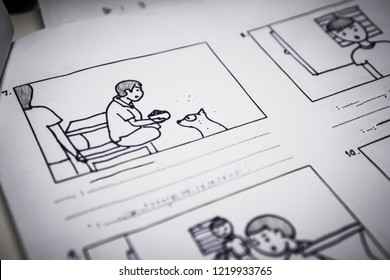 Story Board Or Storytelling Drawing Cartoon Creative For Film Process Pre-production Media Films Movie Script For Video Editors On Paperwork