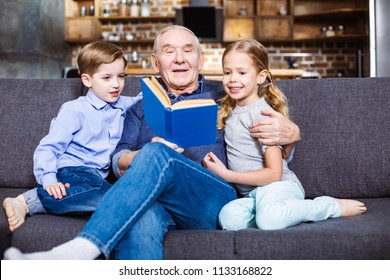 Story teller. Cheerful delighted retired man sitting with his grandchildren on the sofa while reading a book - Powered by Shutterstock