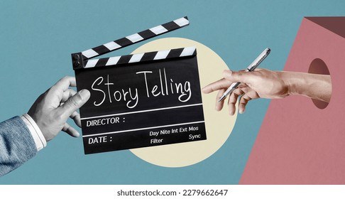 Story telling text title on film slate or movie Clapper board  for filmmaker and film industry.Abstract art collage.	