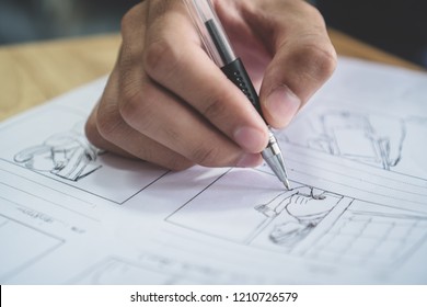 Storyboard or storytelling drawing creative for movie process pre-production media films script for video editors, Student hand writing graphic organizer in form of illustrations displayed in sequence - Shutterstock ID 1210726579