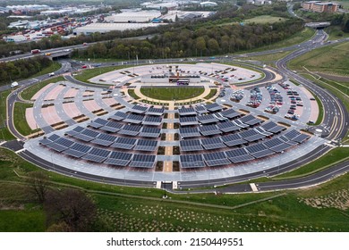 STOURTON, LEEDS, UK - APRIL 25, 2022.  An Aerial View Of The Newly Built Park And Ride  Area In Stourton, East Leeds Providing Parking For People And A Bus Service To The Centre Of Leeds City.