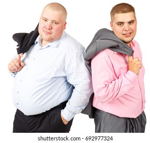 Stout Person. White Isolated Background. Fat Man. Two Fat Man Standing Belly A Together On White Background. Two Fat Guy In Suits. Portrait Of Two Fat Brothers. Official Clothes. Russian Businessmen.