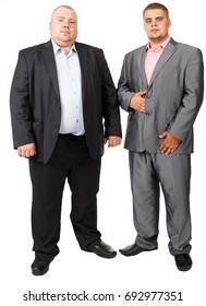 Stout Person. White Isolated Background. Fat Man. Two Fat Man Standing Belly A Together On White Background. Two Fat Guy In Suits. Portrait Of Two Fat Brothers. Official Clothes. Russian Businessmen.