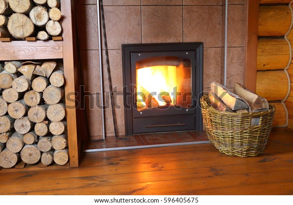 Stove Burning Wood Basket Birch Firewood Interiors Stock Image