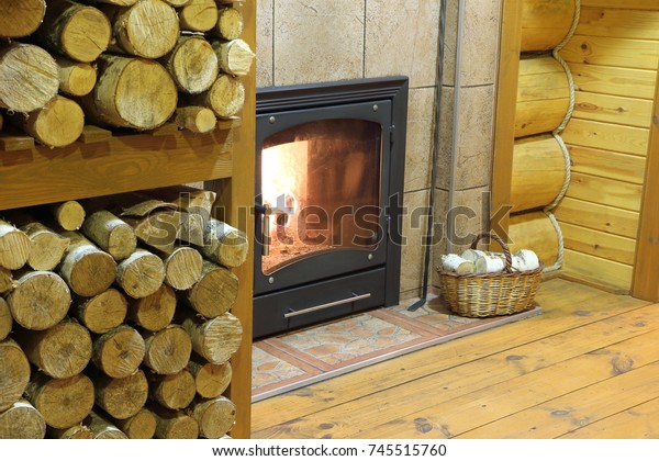 Stove Burning Wood Basket Birch Firewood Stock Photo Edit Now