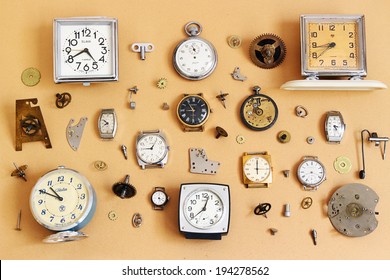 ST.PETERSBURG, RUSSIA -  17 May 2014: Retro Alarm Clocks, Watches And Parts For Mechanical Watches (Soviet Alarm Clocks And Watches Brands Zaria, Slava, ZIM, Zvezda And  Swiss Watch HY MOSER) 