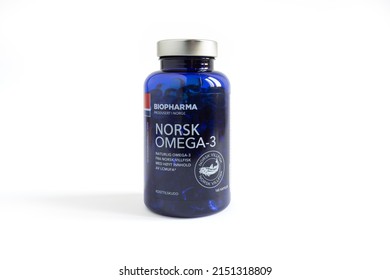 St.Petersburg, Russia - April 30 2022: Biopharma Norsk Omega 3 blue bottle