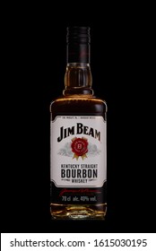 St.Petersburg, Russia - December 2019 - Bottle of Jim Beam bourbon whiskey on black background. Kentucky straight bourbon whiskey