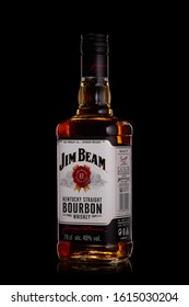 St.Petersburg, Russia - December 2019 - Bottle of Jim Beam bourbon whiskey on black background. Kentucky straight bourbon whiskey