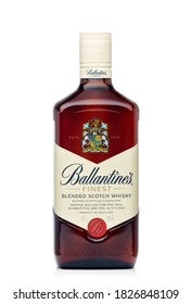 St.Petersburg, Russia - February 2020 - Bottle Of Ballantine's Finest Blended Scotch Whisky Isolated On White Background. Product Of Scotland