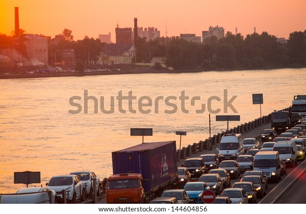 ST.PETERSBURG, RUSSIA - JUNE 25: Shortness of\
traffic due to repairs Greater Obukhov (cable-stayed) Bridge, Jun\
25, 2013, St.Petersburg Russia. Congestion length of 6.3 km was\
formed on the Ring\
Road.