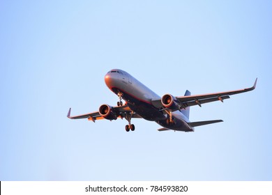 ST.PETERSBURG, RUSSIA - MAY 05, 2017: Airbus A320 VP-BTI Landing With Landing Gear. Air Transport