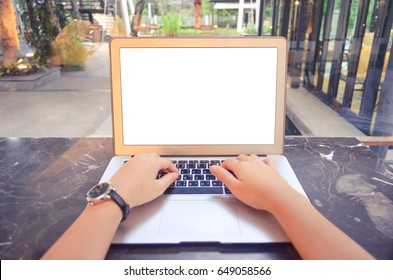 Straight Ahead View. Close-up. Woman Hand's Laptop Typing, Business Working On Laptop, Technology. In Coffee Shop.