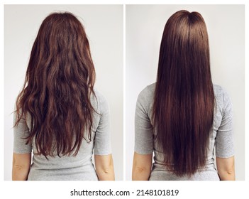 Straight or curly. Before and after shot of a woman with curly and straight hair.