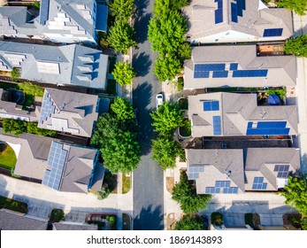 Straight Down Aerial Drone View Of The Mueller District In Austin , Texas , USA - Endless Solar Panels And A Renewable , Sustainable Community Of Homes