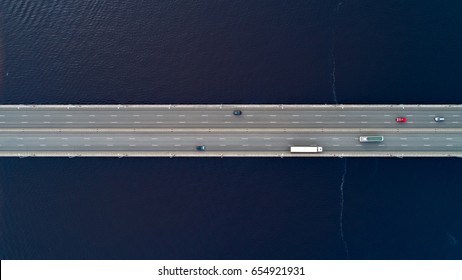 Straight Down Aerial View Of A Bridge With Cars,Riga, Latvia.