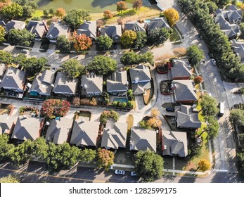 Straight Down Aerial View Residential Neighborhood In Fall Season With Colorful Leaves Near Dallas, Texas