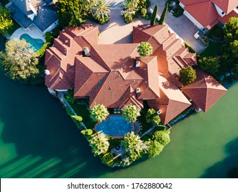 Straight Down Drone Angle Above Luxury Mansion Home At Mount Bonnell Amazing Landscape Views Of The Colorado River And Austin Texas Hill Country 