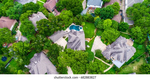 Straight Down View Above Mansions And High Value Homes In South Austin Texas USA Amazing Green Texas Hill Country Suburb On A Nice Day In Summer