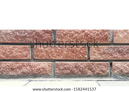 Straight lines of new fresh brickwork wall and cincrete foundation isolated on white background. Modern crumble brickwork. Product display for building materials, tools and construction site Stock photo © 