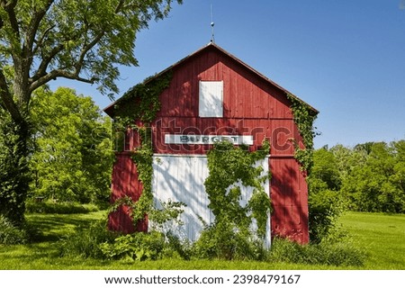 Straight On Rustic Red Barn Amidst Greenery, Fort Wayne, Indiana