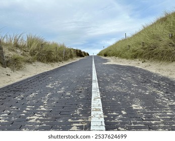 A straight, paved pathway leads through coastal sand dunes under an overcast sky. The brick road, framed by tall grasses, provides a tranquil route toward the unseen horizon. - Powered by Shutterstock