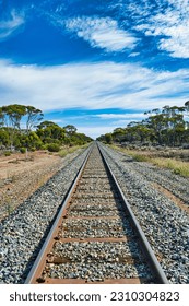 Straight railroad line in the Australian outback, between Esperance and Norseman, Western Australia
