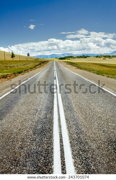 Straight road goes to horizon. Altay mountains,\
Siberia, Russia.