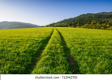 Straight road on a grassy field with hills in Slovakia, Europe - Powered by Shutterstock