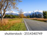 Straight  road to the Southern Alps on a sunny autumn morning,  Canterbury region, South Island, New Zealand. 