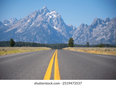 A straight road with yellow dividing lines stretches toward rugged, snow-capped mountains under a clear blue sky. Grassy fields and scattered trees line the road, with a dense forest at the base of th - Powered by Shutterstock