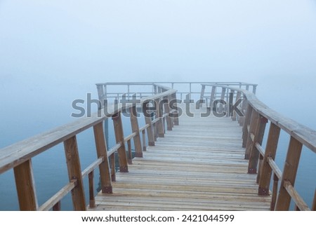 A straight wooden pier disappearing into the dense fog over a serene lake