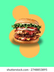 Straight-on view of the tall burger stack, clearly showing bacon edges hanging over, cheese melt, fresh vegetables, sauces, and the textured grilled chicken patty on top of the beef layers. The mint-green background with orange abstract circular-ear shapes provides a branded, playful, high-contrast setting.