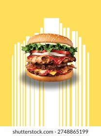 Straight-on view of the tall burger stack, highlighting bacon overhang, cheese melt, fresh veggies, sauces, and textured grilled chicken patty atop the beef + bacon layers. Teal background with orange paw graphic provides strong pop and a playful, themed contrast.