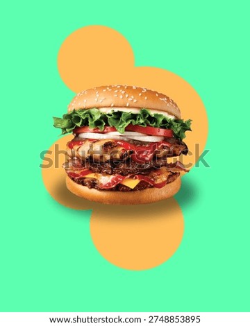 Straight-on view of the tall burger stack, clearly showing bacon edges hanging over, cheese melt, fresh vegetables, sauces, and the textured grilled chicken patty on top of the beef layers. The mint-green background with orange abstract circular-ear shapes provides a branded, playful, high-contrast setting.