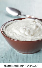 Strained Yogurt In The Rustic Bowl Closeup