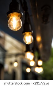 Strand Of Globe Light On A Terrace During Evening Summer