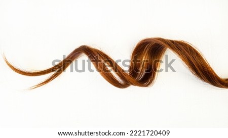 A strand of red hair. Healthy wavy female hair on a white background. Hair care concept. Curl.