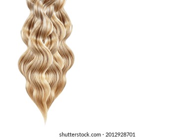 A strand of wavy hair on a white background. Blonde. The concept of beauty. Hair styling, hairstyle, haircut. Beauty salon. Shiny, silky. Hair products, shampoo. Split ends.