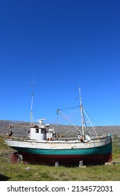 Stranded Boat On Shore In North Of Iceland