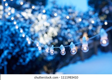 Strands of party lights strung across a winter garden glowing in the twilight with snow on the ground and bushes - Powered by Shutterstock