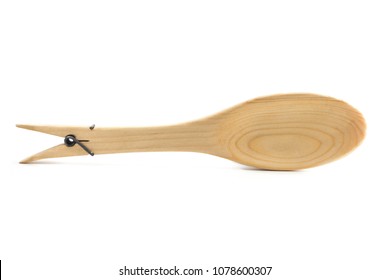 Strange Art Object Called The Peg Cooking Spoon On White Background, Unseen Combination