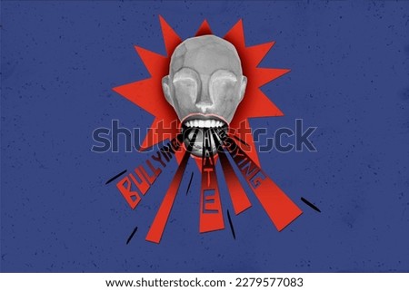 Strange banner poster collage of creepy human head screaming rude hate speech words stop bullying concept