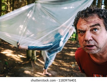 Strange, Frightened, Surprised Man In The Woods