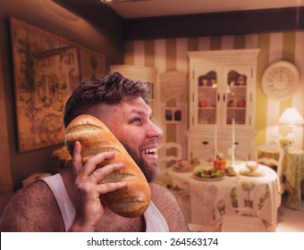 Strange Happy Man Listening To Something In Bread In Home Interior