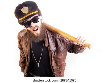 Strange Man With Baseball Bat Looking Like A Fake Cop.