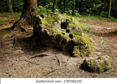 Strange Shaped Stones Called Sun Temple Because Of Legend About Pagan Slavic Religion Rituals At Place. Karst Mysterious Limestone Outliers Covered By Moss. Forest Area.