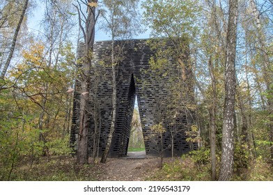 Strange Wooden Building In The Forest, UFO Style Unknown Object. Huge Squared Construction, Art-object