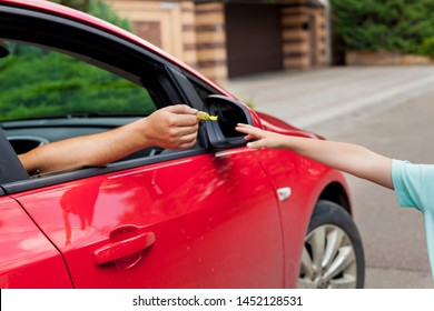 Stranger In The Car Offers Candy To The Child. Kids In Danger. Children Safety Protection Kidnapping Concept. 