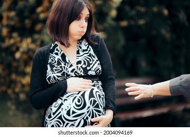 Stranger Touching Pregnant Woman Making Her Uncomfortable. Mother To Be Feeling Awkward Dealing With Privacy Invasion And Unwanted Public Attention.
